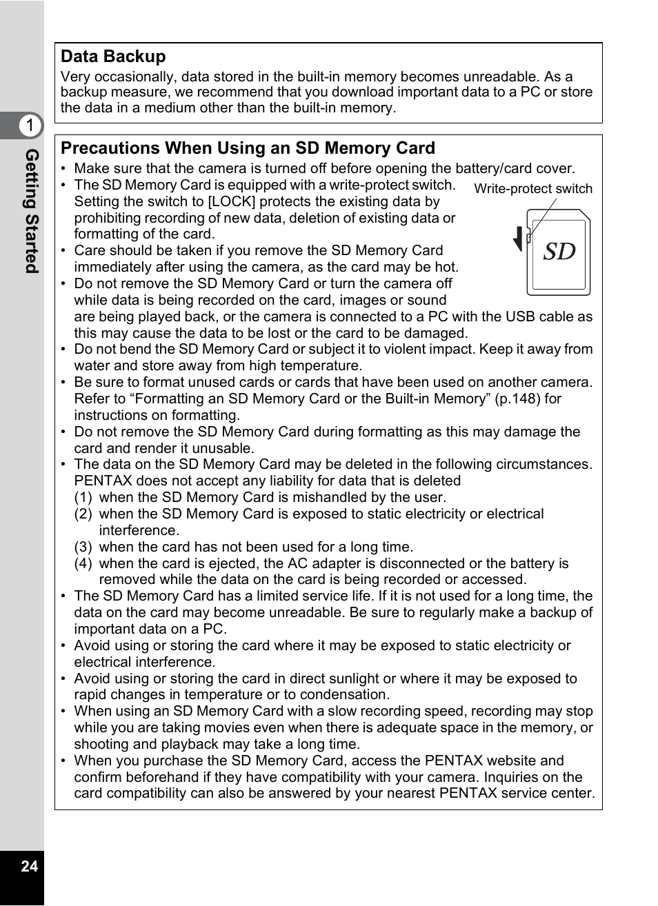 Gettin g sta rte d 1 data backup | Pentax Optio S6 User Manual | Page 26 / 187