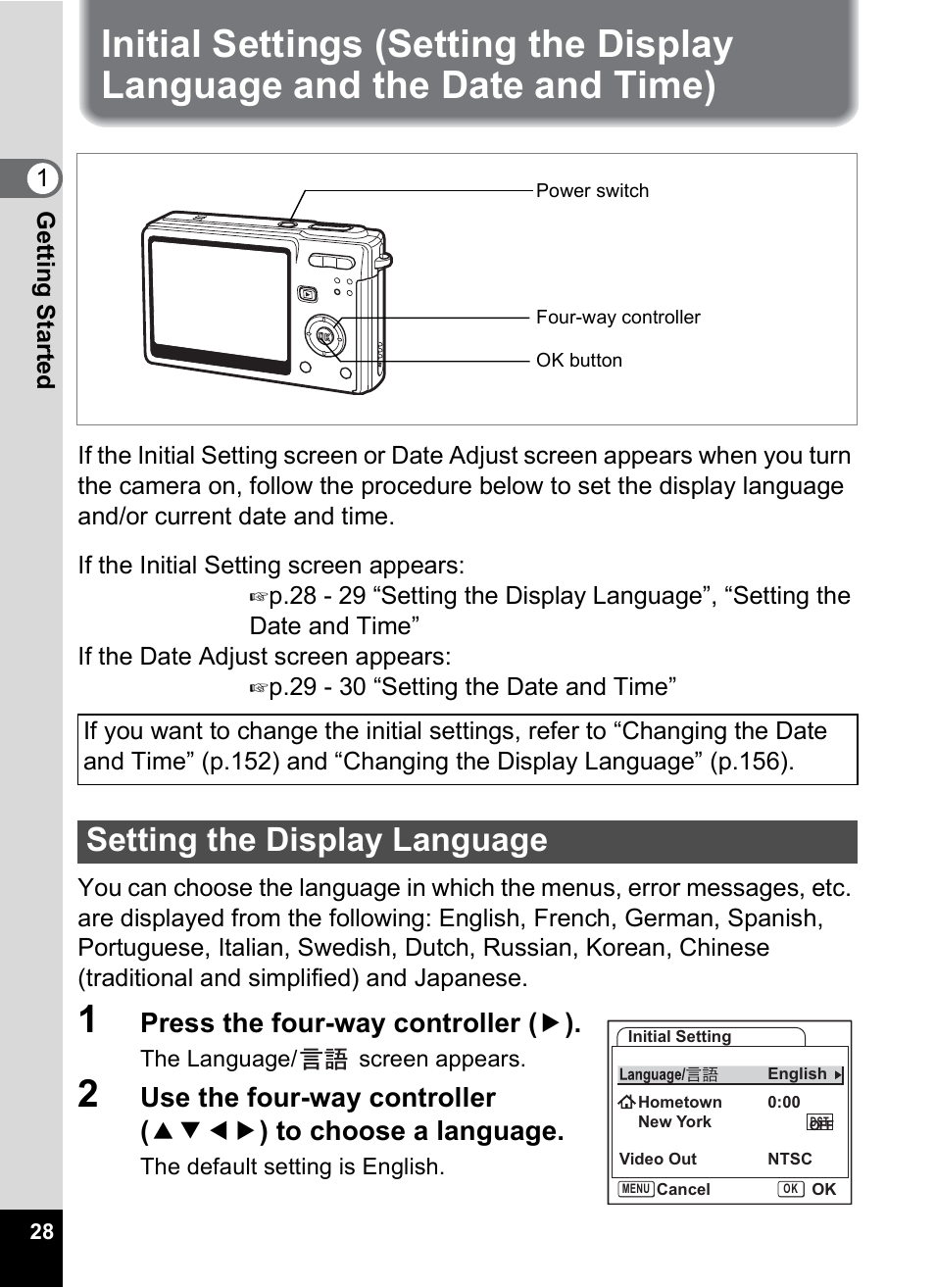 Setting the display language, Press the four-way controller ( 5 ) | Pentax Optio S6 User Manual | Page 30 / 187