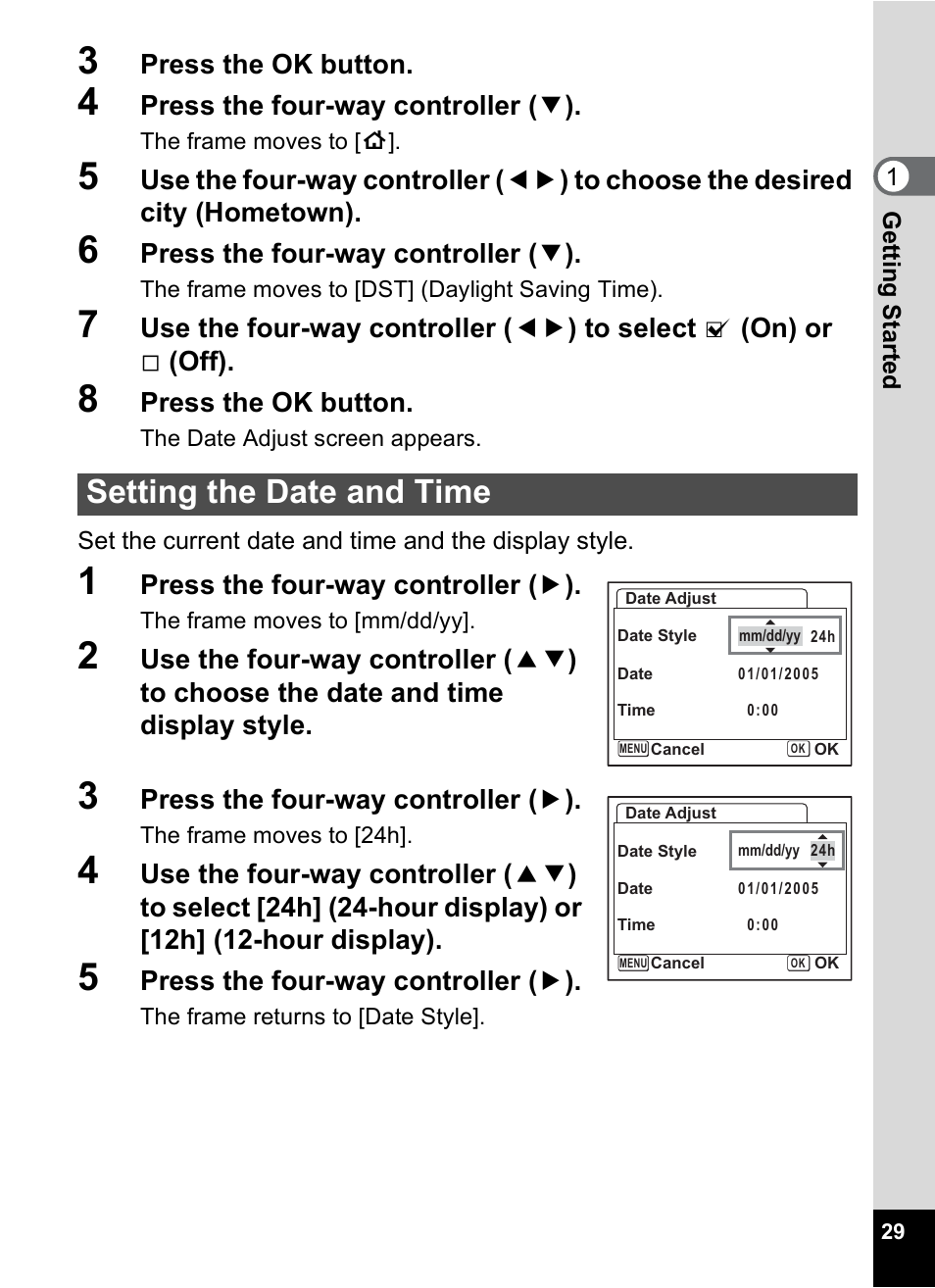 Setting the date and time, Tting the, Date and time | P.29 | Pentax Optio S6 User Manual | Page 31 / 187