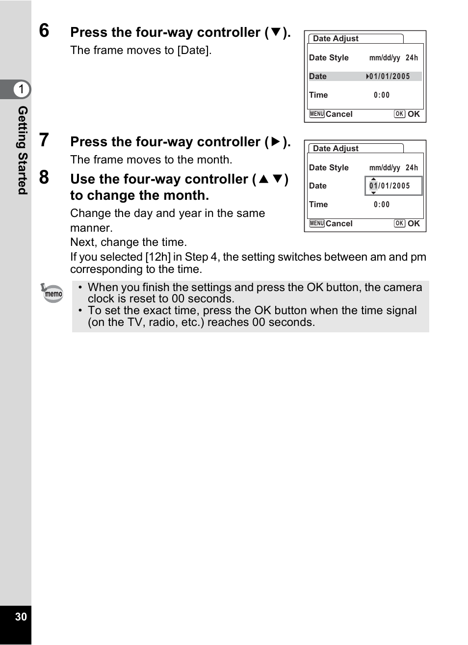 Press the four-way controller ( 3 ), Press the four-way controller ( 5 ), Gettin g sta rte d 1 | Pentax Optio S6 User Manual | Page 32 / 187
