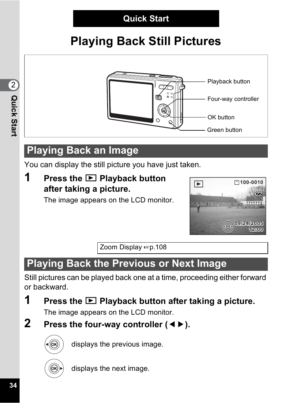 Playing back still pictures, Playing back an image, Playing back the previous or next image | Pentax Optio S6 User Manual | Page 36 / 187