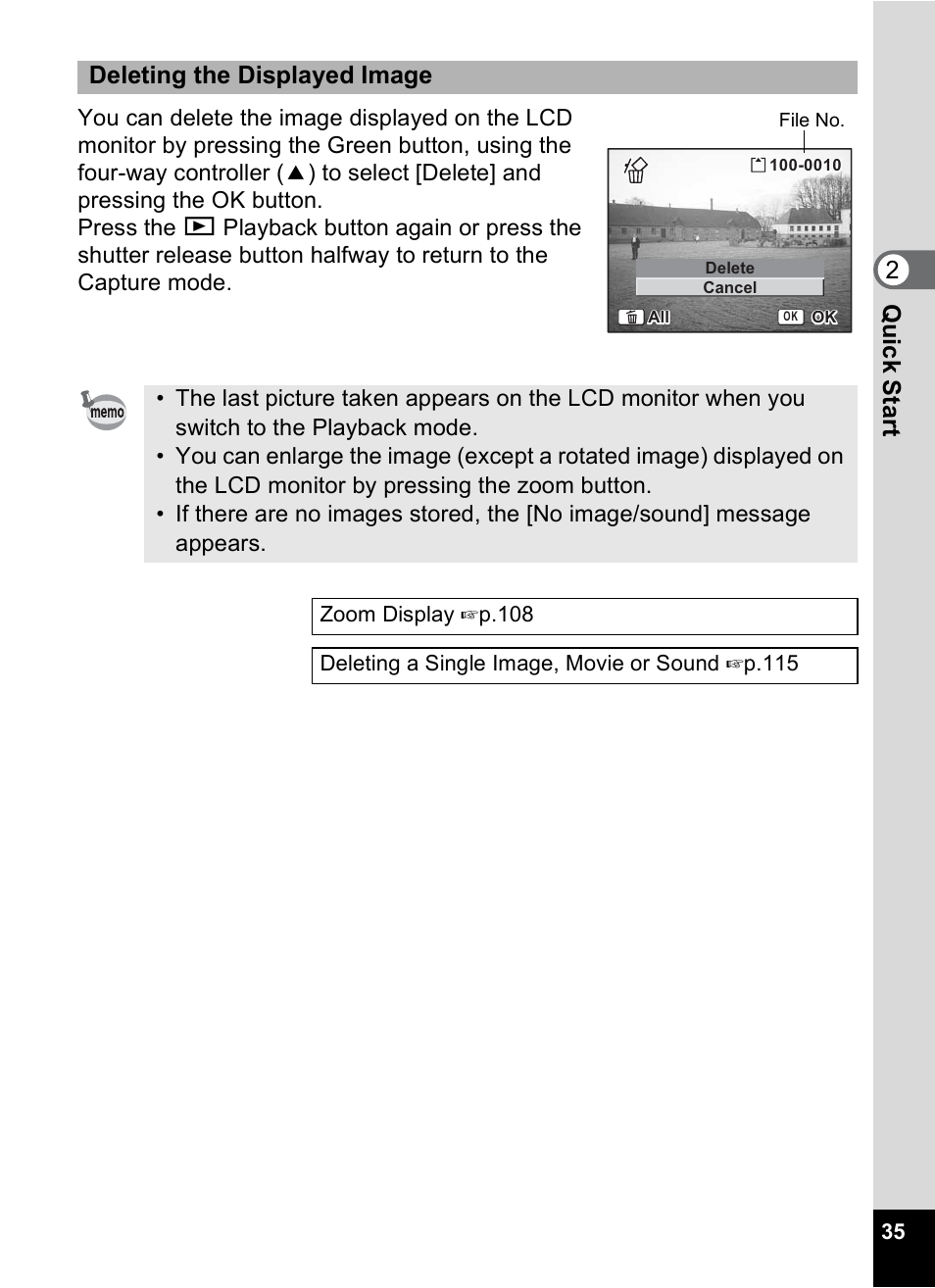 Qu ick star t 2, Deleting the displayed image | Pentax Optio S6 User Manual | Page 37 / 187