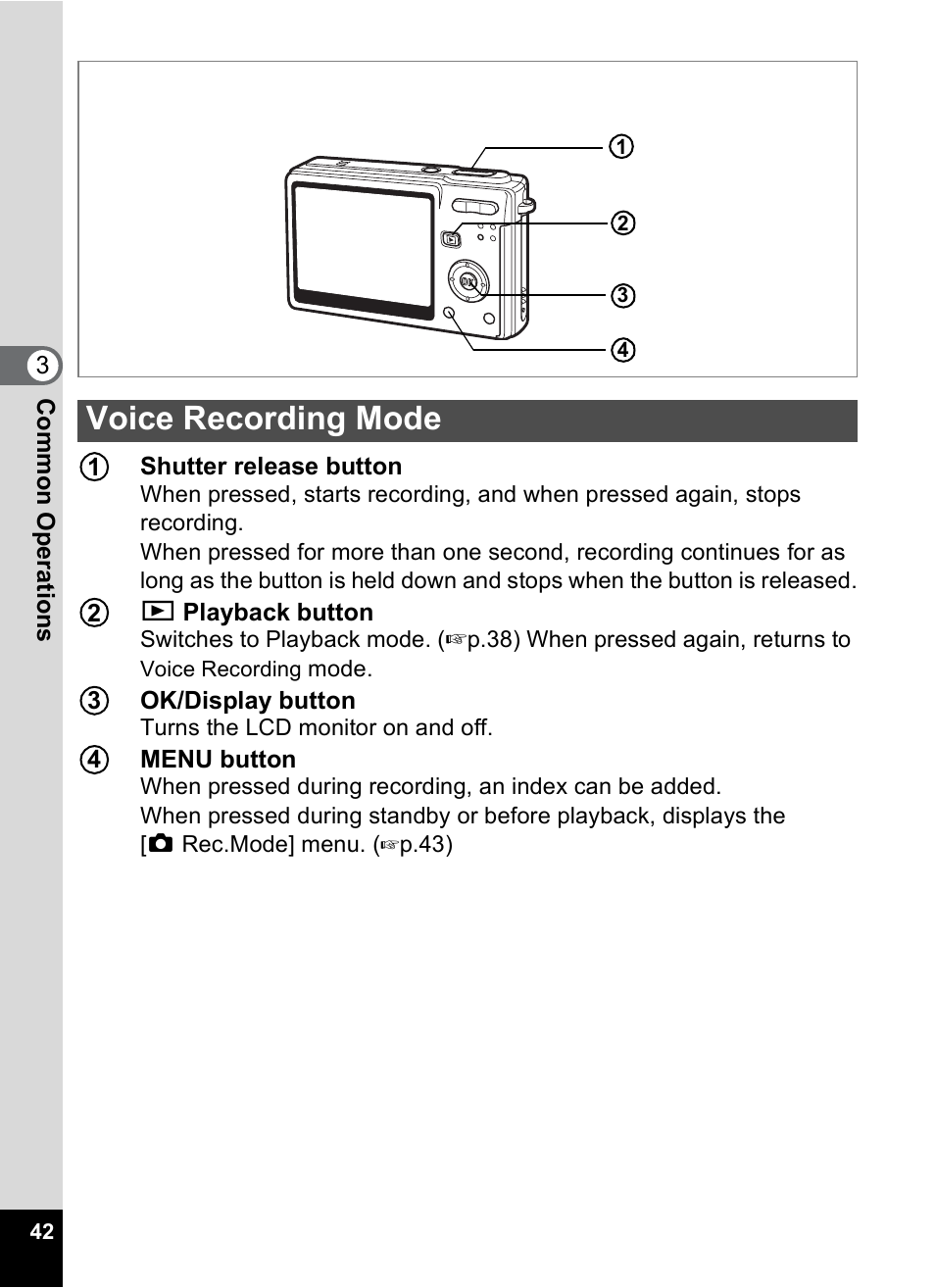 Voice recording mode | Pentax Optio S6 User Manual | Page 44 / 187