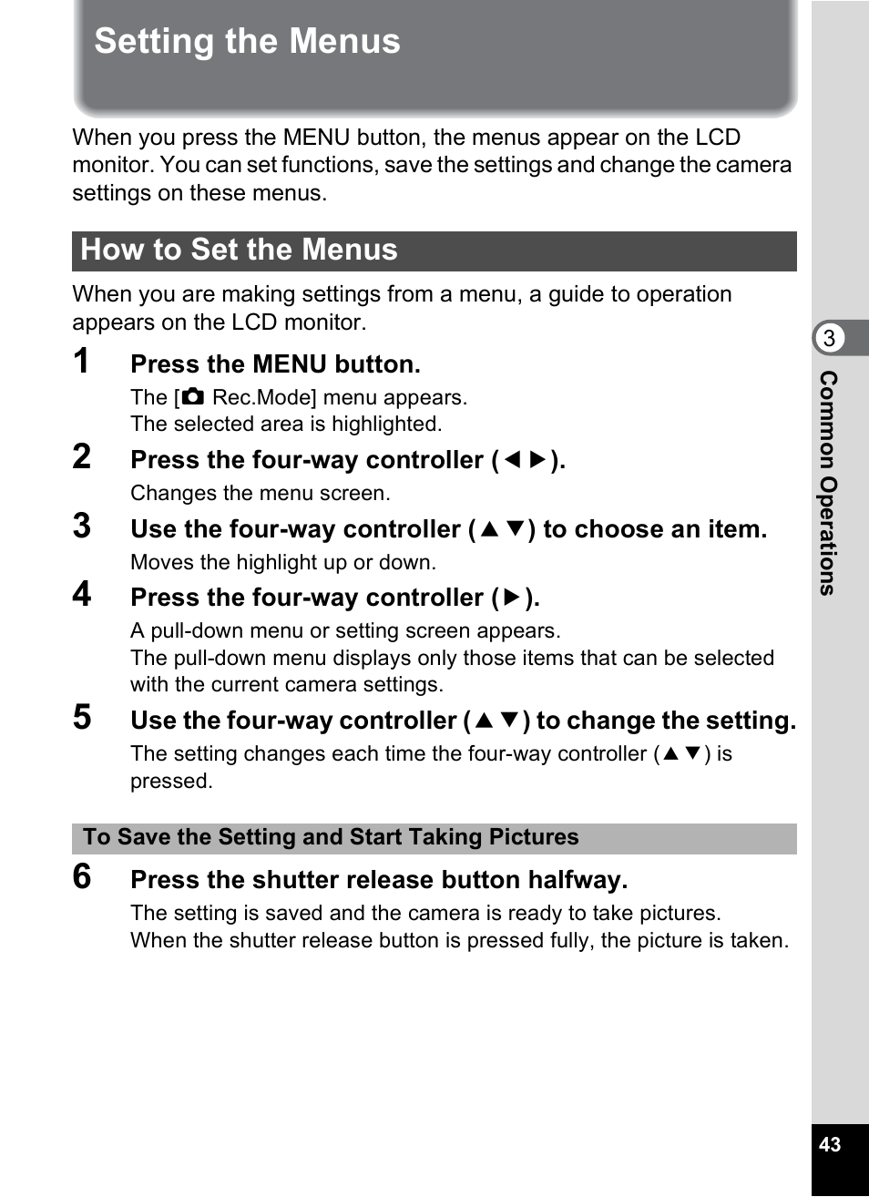 Setting the menus, How to set the menus, P.43) | Pentax Optio S6 User Manual | Page 45 / 187