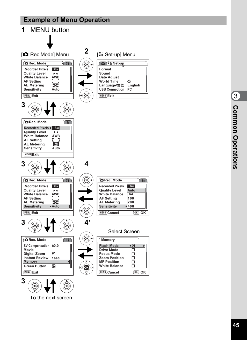 Com m on o p erati ons 3 example of menu operation, Menu button | Pentax Optio S6 User Manual | Page 47 / 187