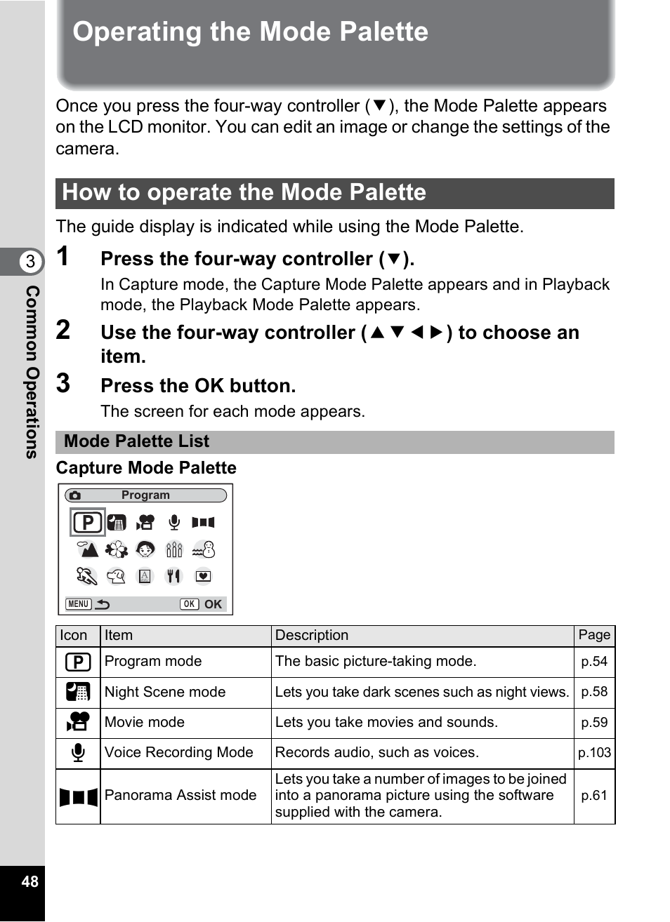 Operating the mode palette, How to operate the mode palette, P.48) | Pentax Optio S6 User Manual | Page 50 / 187