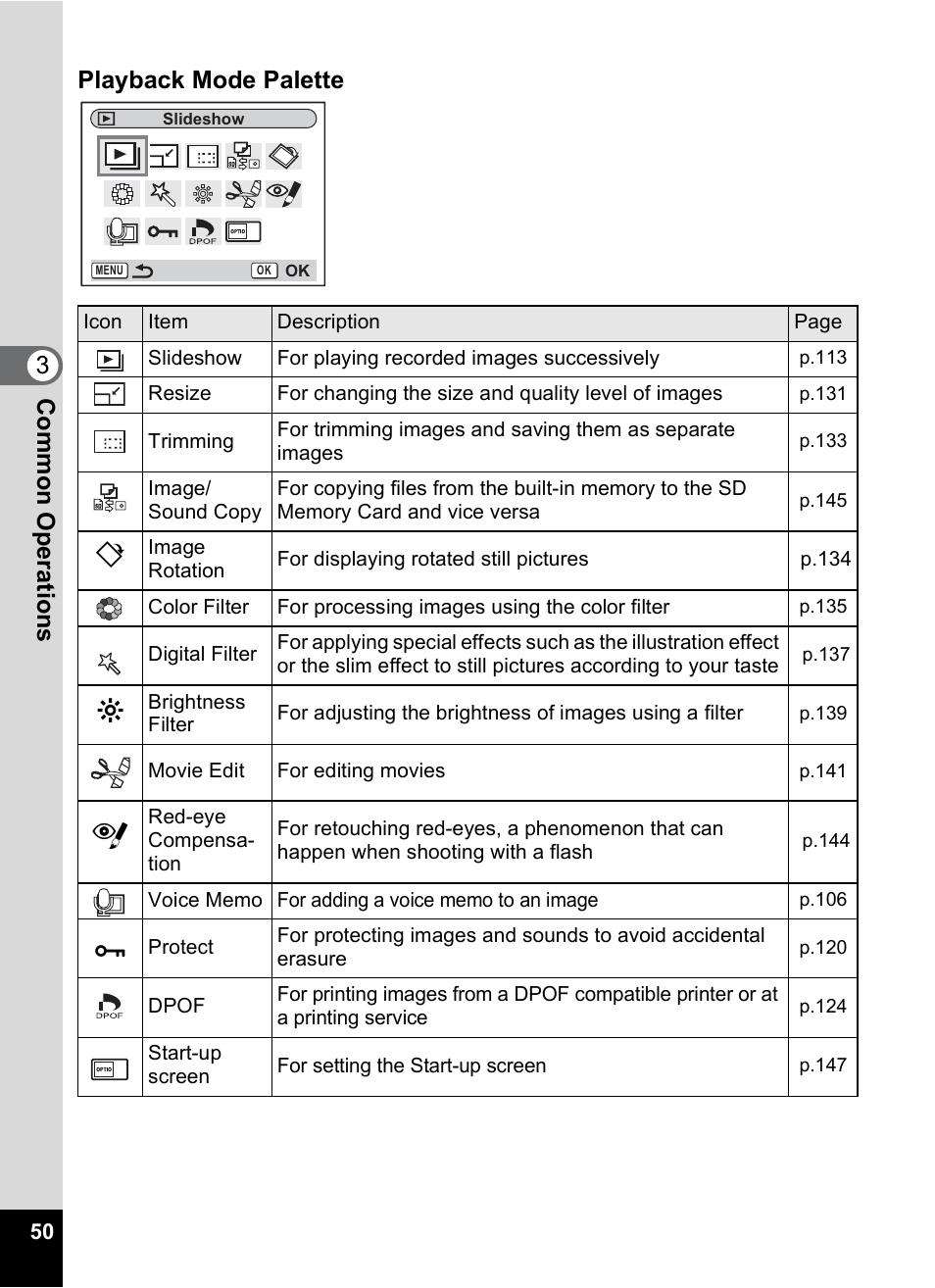 P.50), Com m on o p erati ons 3 playback mode palette | Pentax Optio S6 User Manual | Page 52 / 187