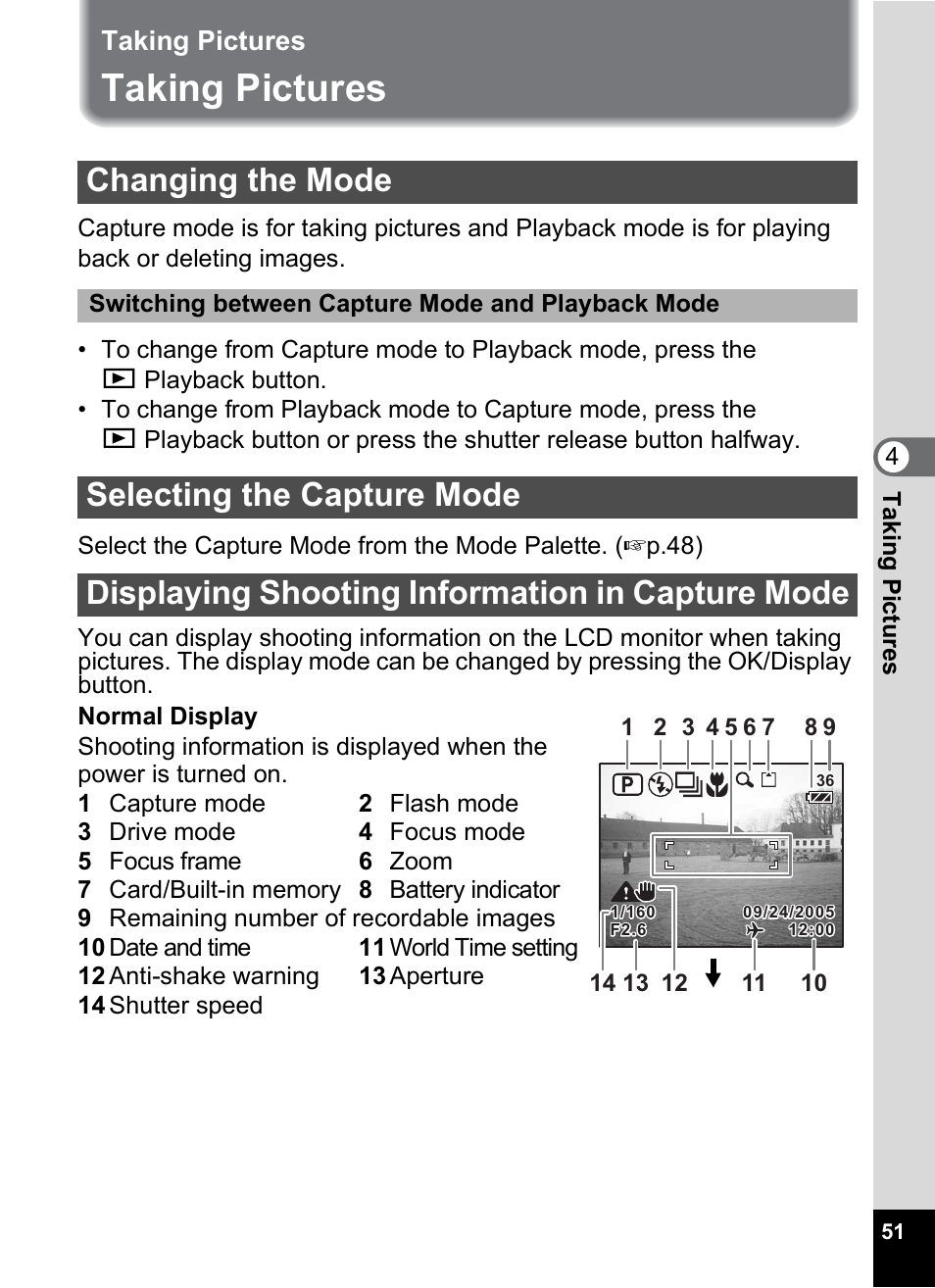 Taking pictures, Changing the mode, Selecting the capture mode | Displaying shooting information in capture mode, P.51) | Pentax Optio S6 User Manual | Page 53 / 187