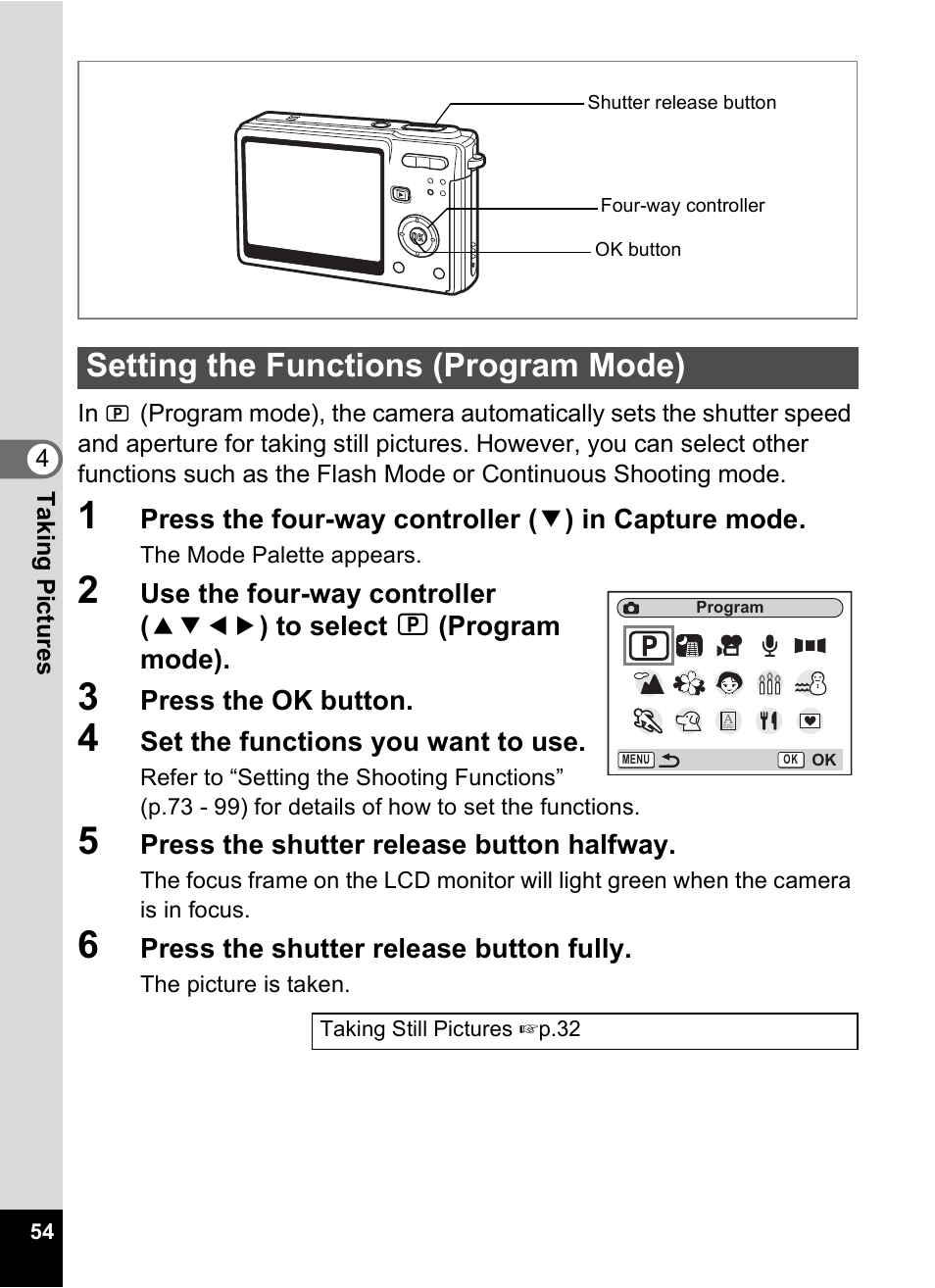 Setting the functions (program mode), P.54 | Pentax Optio S6 User Manual | Page 56 / 187