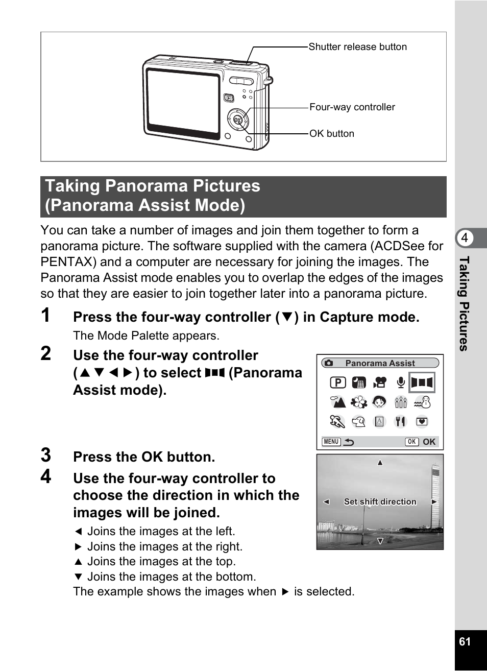 Taking panorama pictures (panorama assist mode), Taking panorama pictures, Panorama assist mode) | P.61 | Pentax Optio S6 User Manual | Page 63 / 187