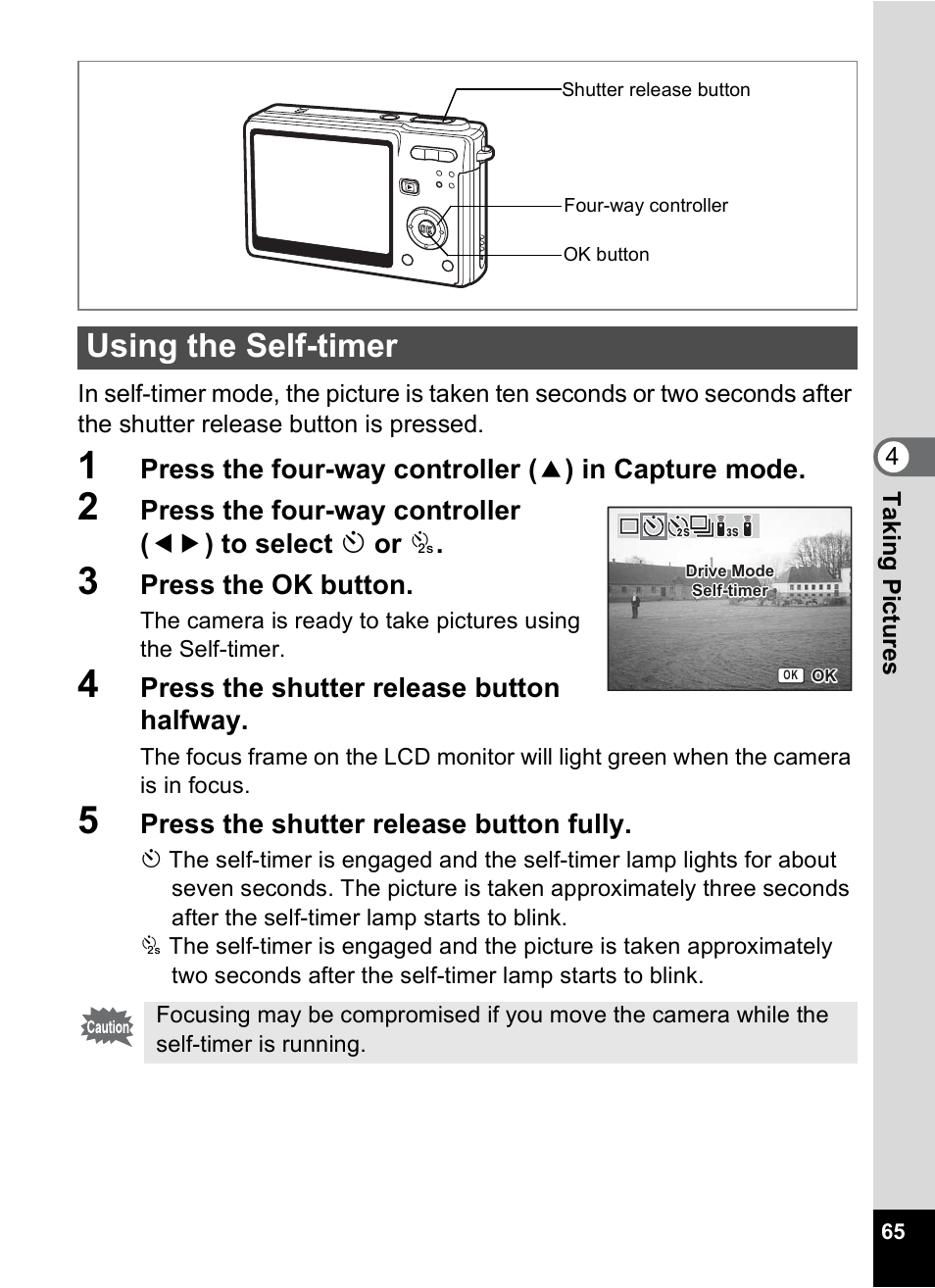 Using the self-timer, P.65 t | Pentax Optio S6 User Manual | Page 67 / 187