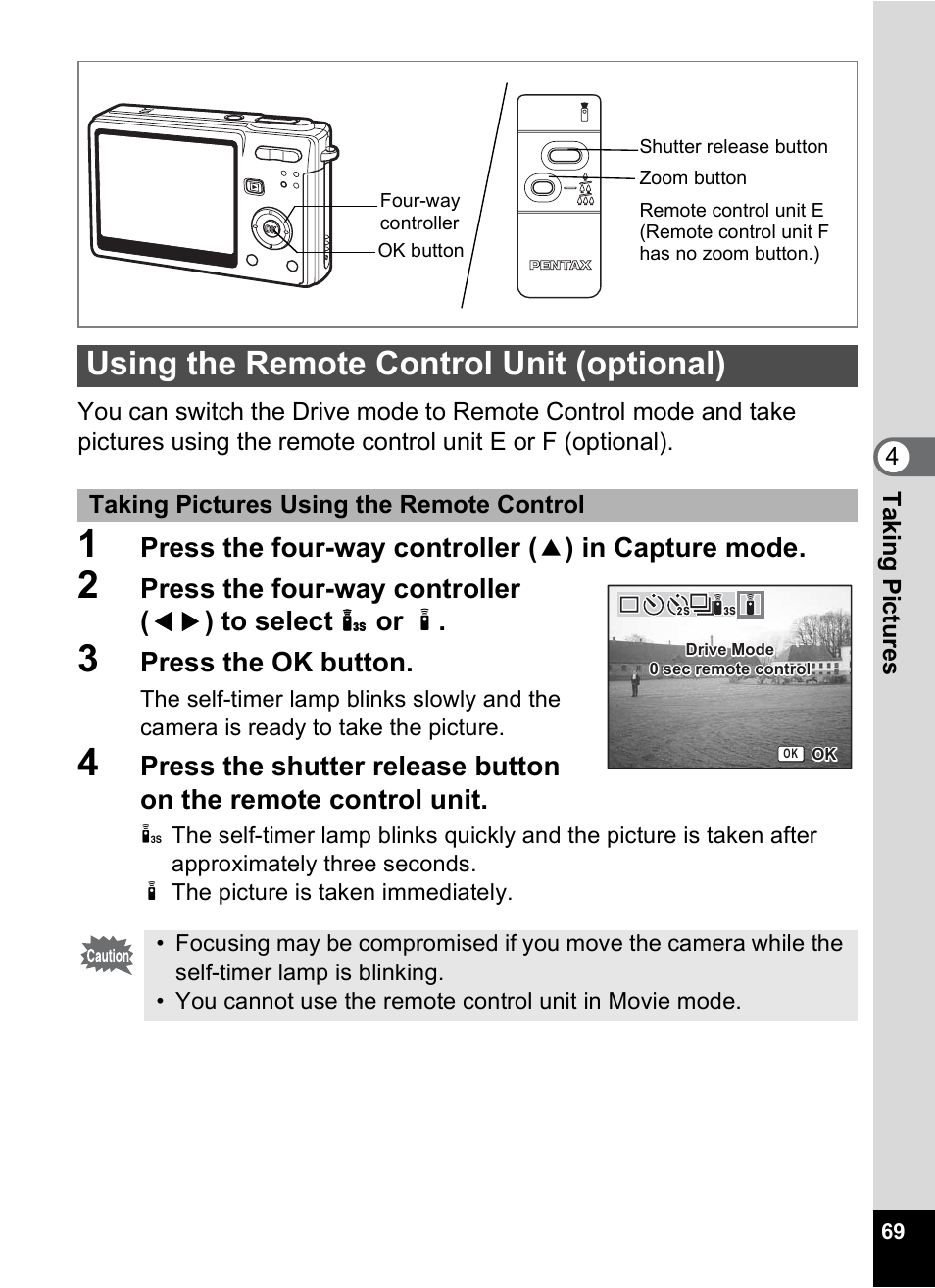 Using the remote control unit (optional), Press the ok button | Pentax Optio S6 User Manual | Page 71 / 187