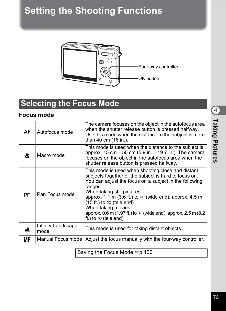 Setting the shooting functions, Selecting the focus mode, P.73) | Pentax Optio S6 User Manual | Page 75 / 187