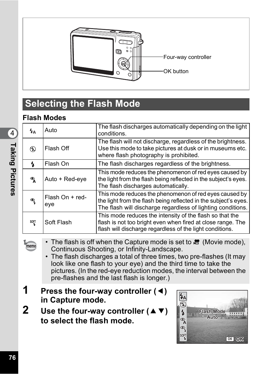 Selecting the flash mode, P.76) | Pentax Optio S6 User Manual | Page 78 / 187