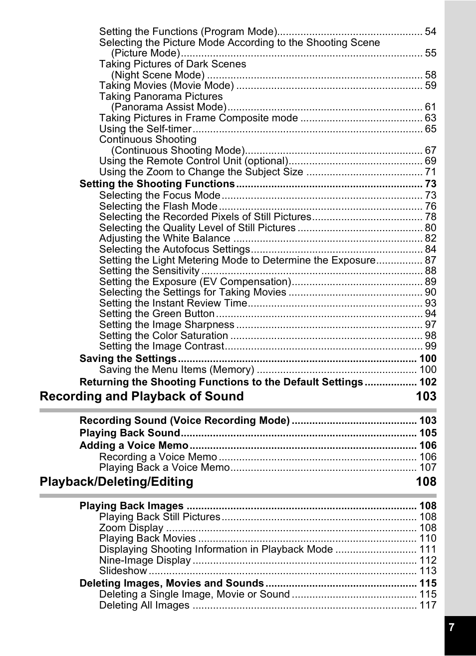 Recording and playback of sound 103, Playback/deleting/editing 108 | Pentax Optio S6 User Manual | Page 9 / 187