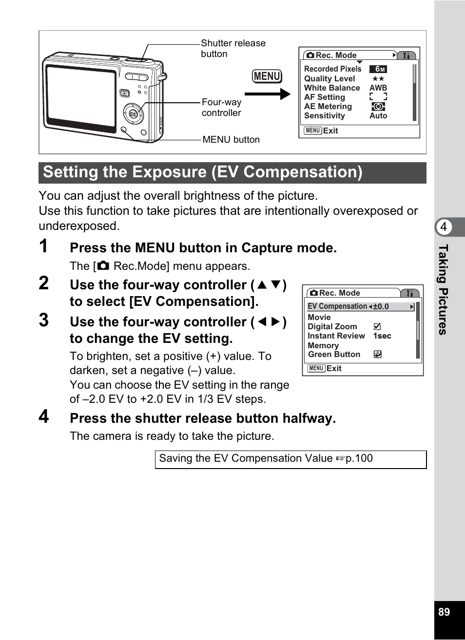 Setting the exposure (ev compensation), P.89, Press the menu button in capture mode | Press the shutter release button halfway | Pentax Optio S6 User Manual | Page 91 / 187