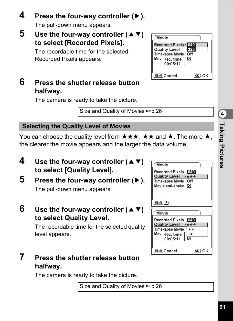 P.91, Press the four-way controller ( 5 ), Press the shutter release button halfway | Pentax Optio S6 User Manual | Page 93 / 187