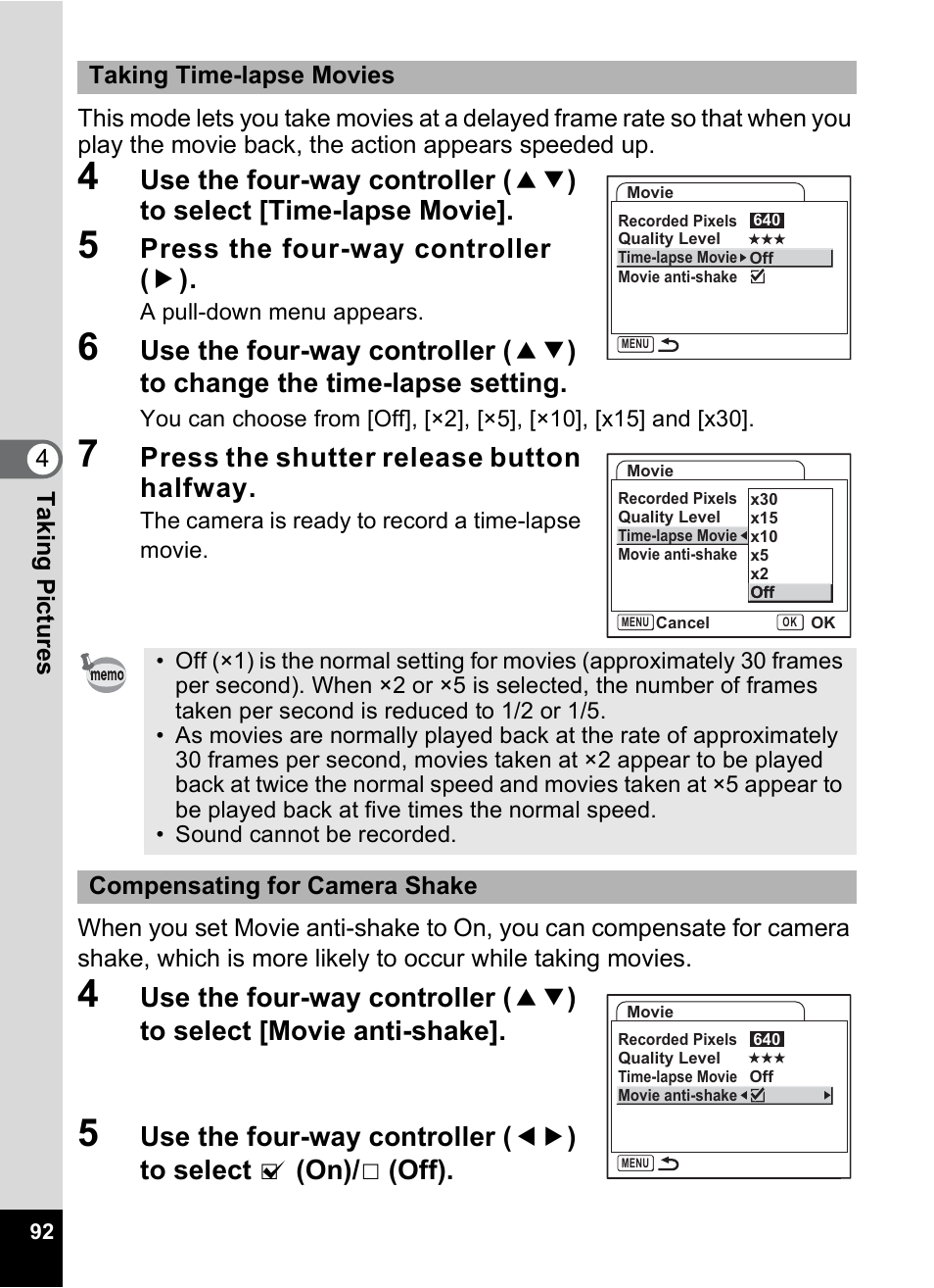 P.92, Press the four-way controller ( 5 ), Press the shutter release button halfway | Pentax Optio S6 User Manual | Page 94 / 187