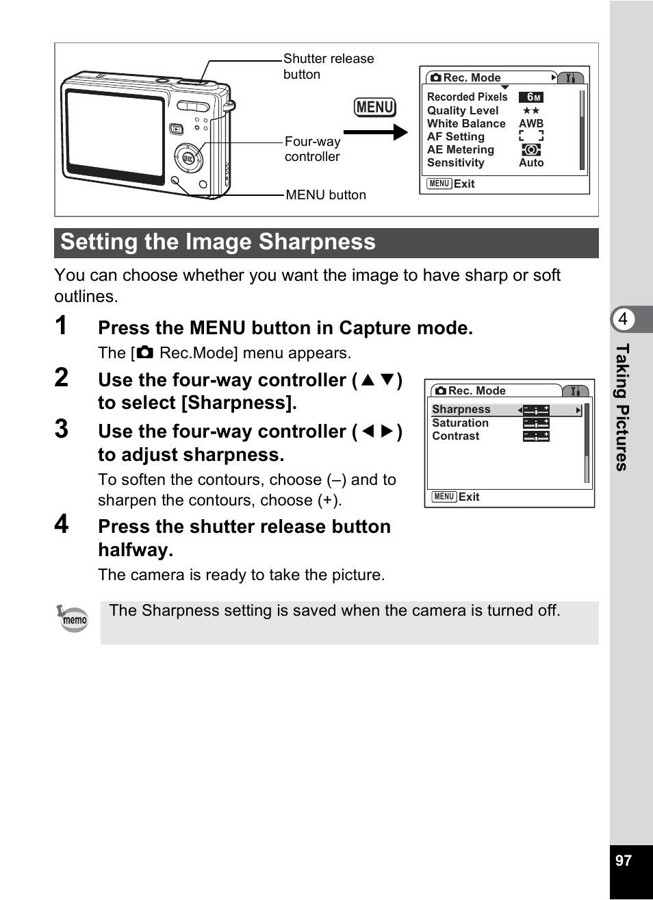 Setting the image sharpness, P.97, Press the menu button in capture mode | Press the shutter release button halfway | Pentax Optio S6 User Manual | Page 99 / 187