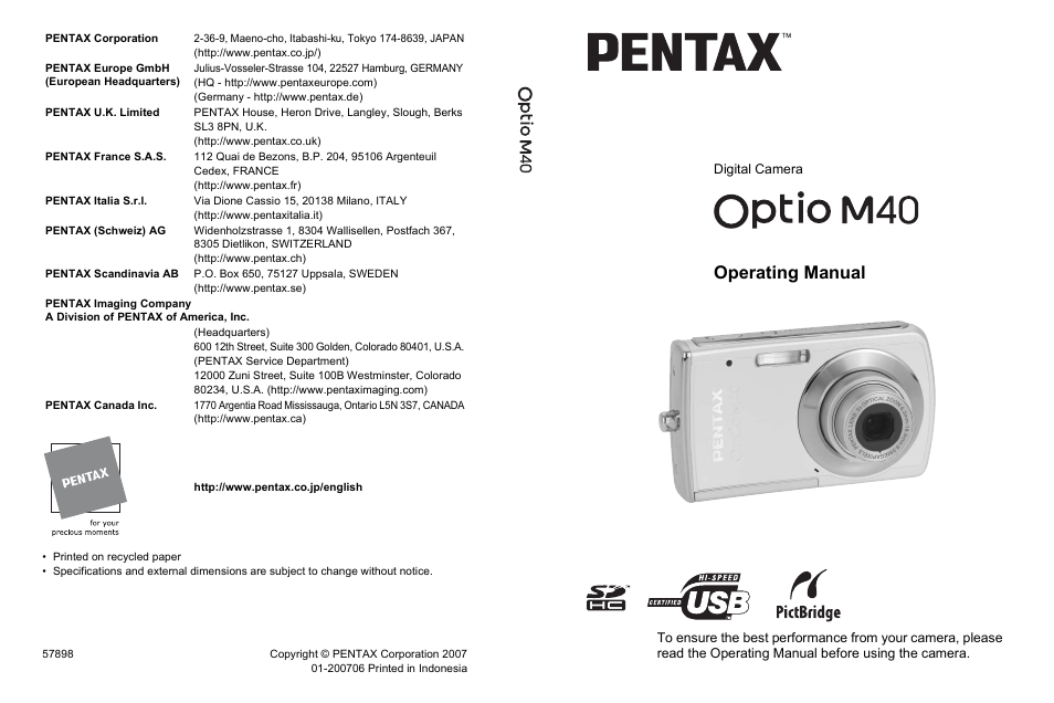 Pentax M40 User Manual | 192 pages