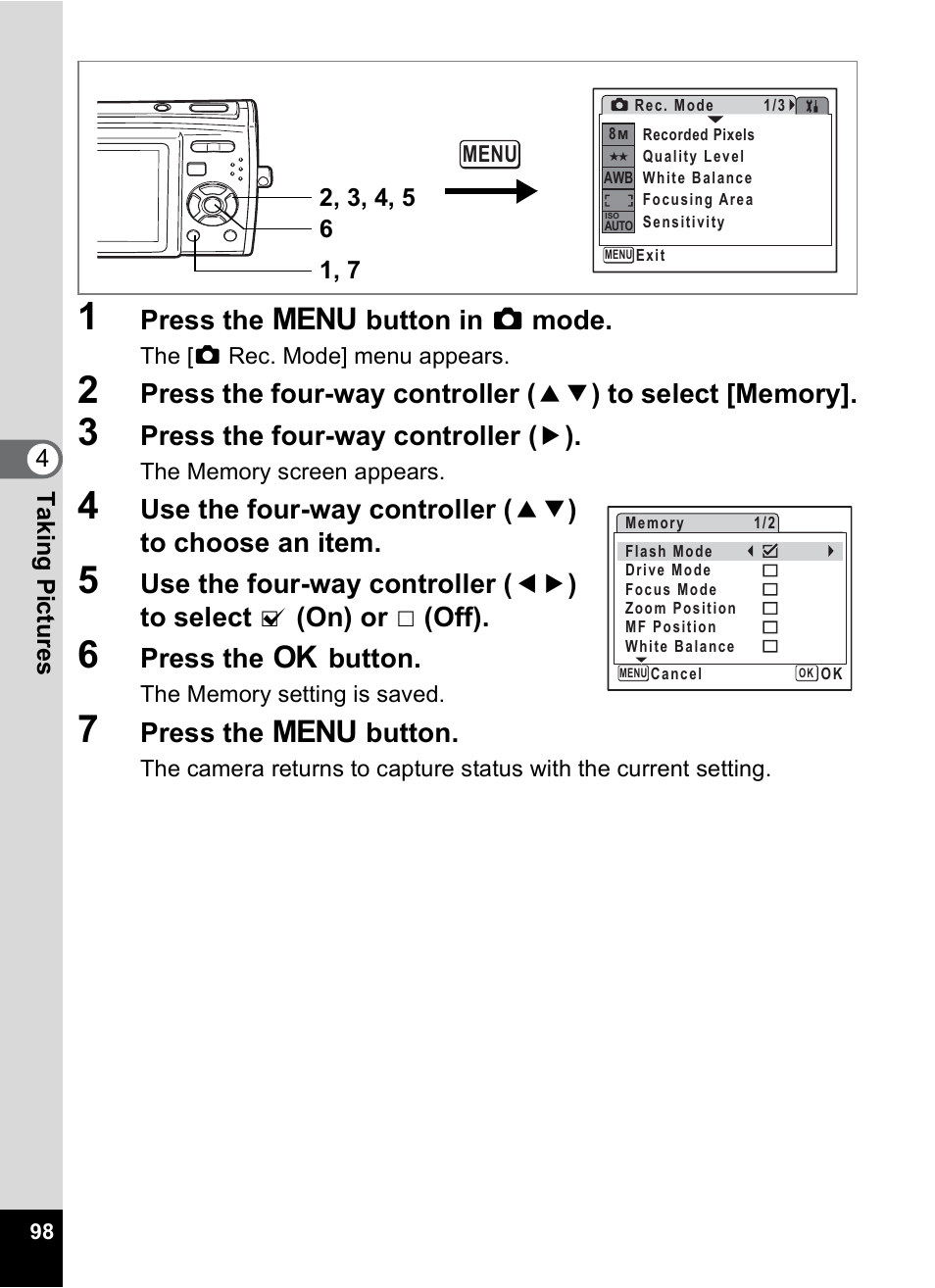 Press the 3 button in a mode, Press the four-way controller ( 5 ), Press the 4 button | Press the 3 button | Pentax M40 User Manual | Page 100 / 192