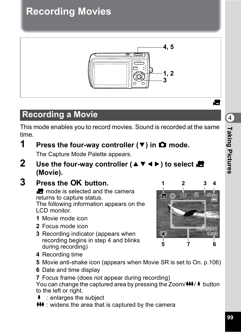 Recording movies, Recording a movie, P.99) | P.99 | Pentax M40 User Manual | Page 101 / 192