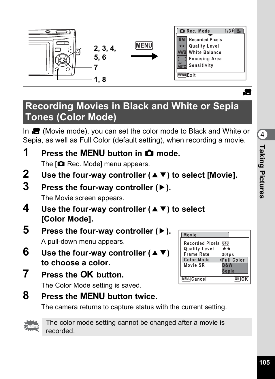 P.105, Press the 3 button in a mode, Press the four-way controller ( 5 ) | Press the 4 button, Press the 3 button twice | Pentax M40 User Manual | Page 107 / 192