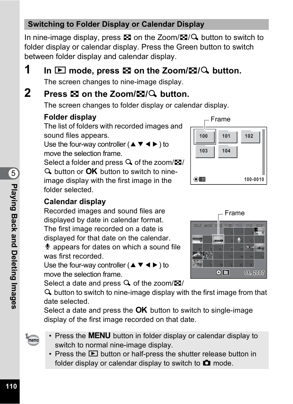 P.110, P.110), Press f on the zoom/ f / y button | Folder display, Calendar display, Switching to folder display or calendar display, The screen changes to nine-image display, Frame | Pentax M40 User Manual | Page 112 / 192