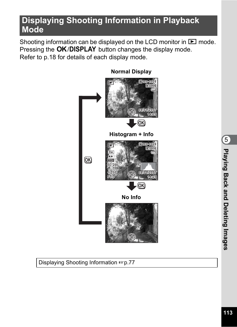 Displaying shooting information in playback mode, P.113), Displaying shooting information 1p.77 | Normal display histogram + info no info | Pentax M40 User Manual | Page 115 / 192