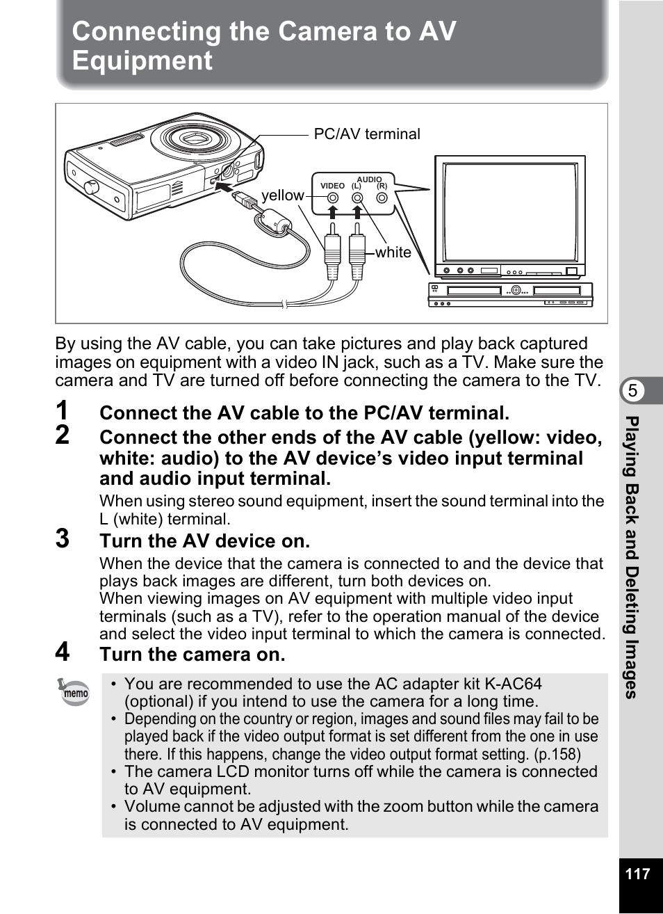 Connecting the camera to av equipment | Pentax M40 User Manual | Page 119 / 192