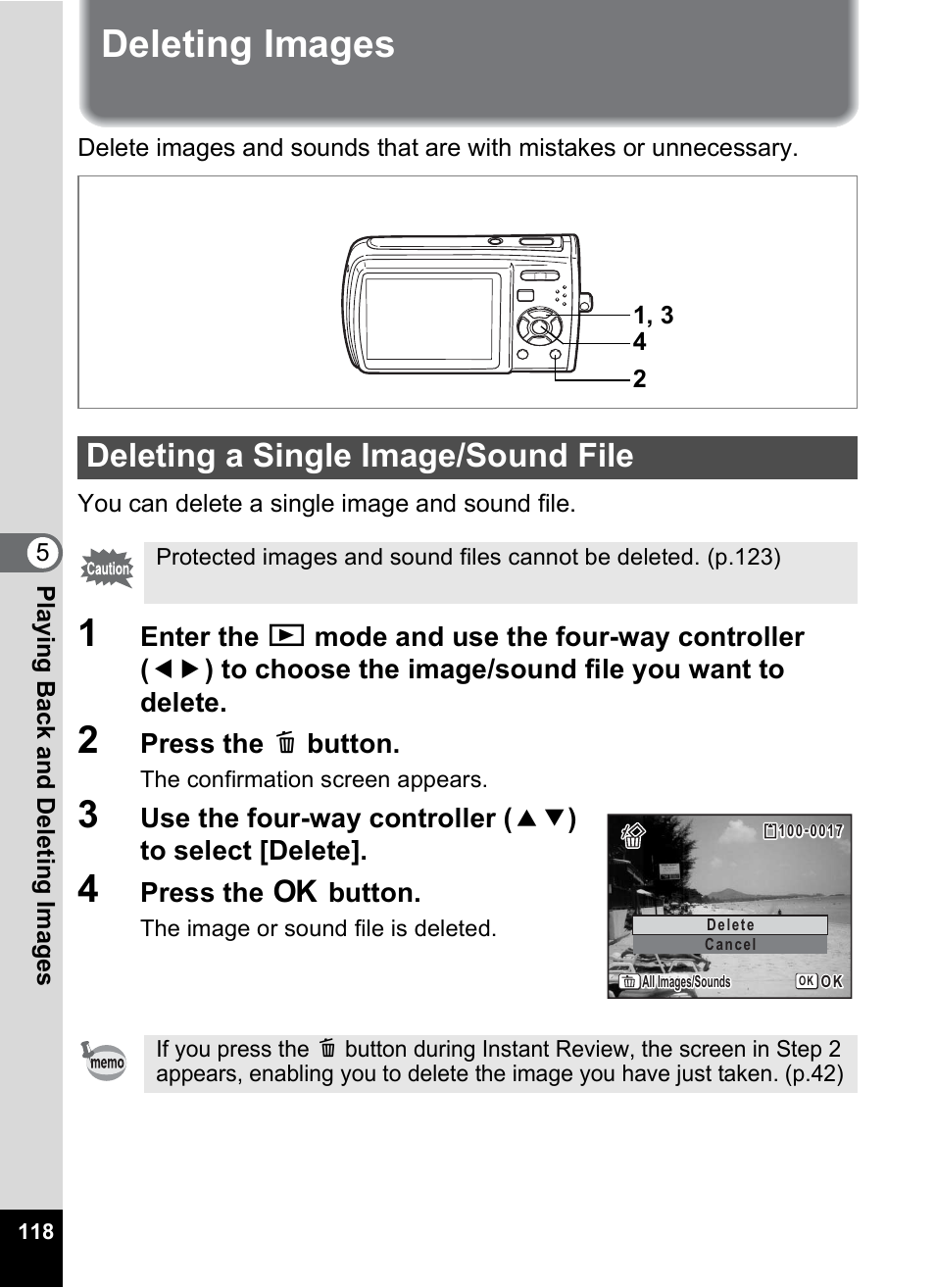Deleting images, Deleting a single image/sound file, P.118) | Pentax M40 User Manual | Page 120 / 192