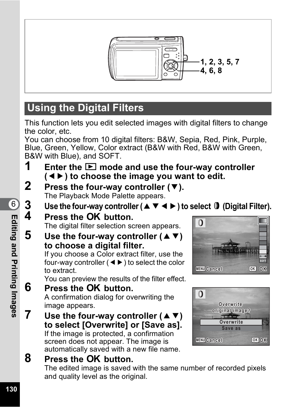 Using the digital filters, P.130 | Pentax M40 User Manual | Page 132 / 192