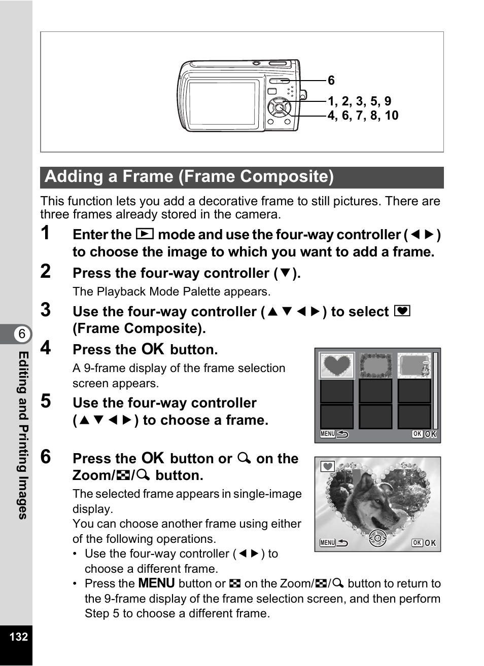 Adding a frame (frame composite), P.132), P.132 | Pentax M40 User Manual | Page 134 / 192