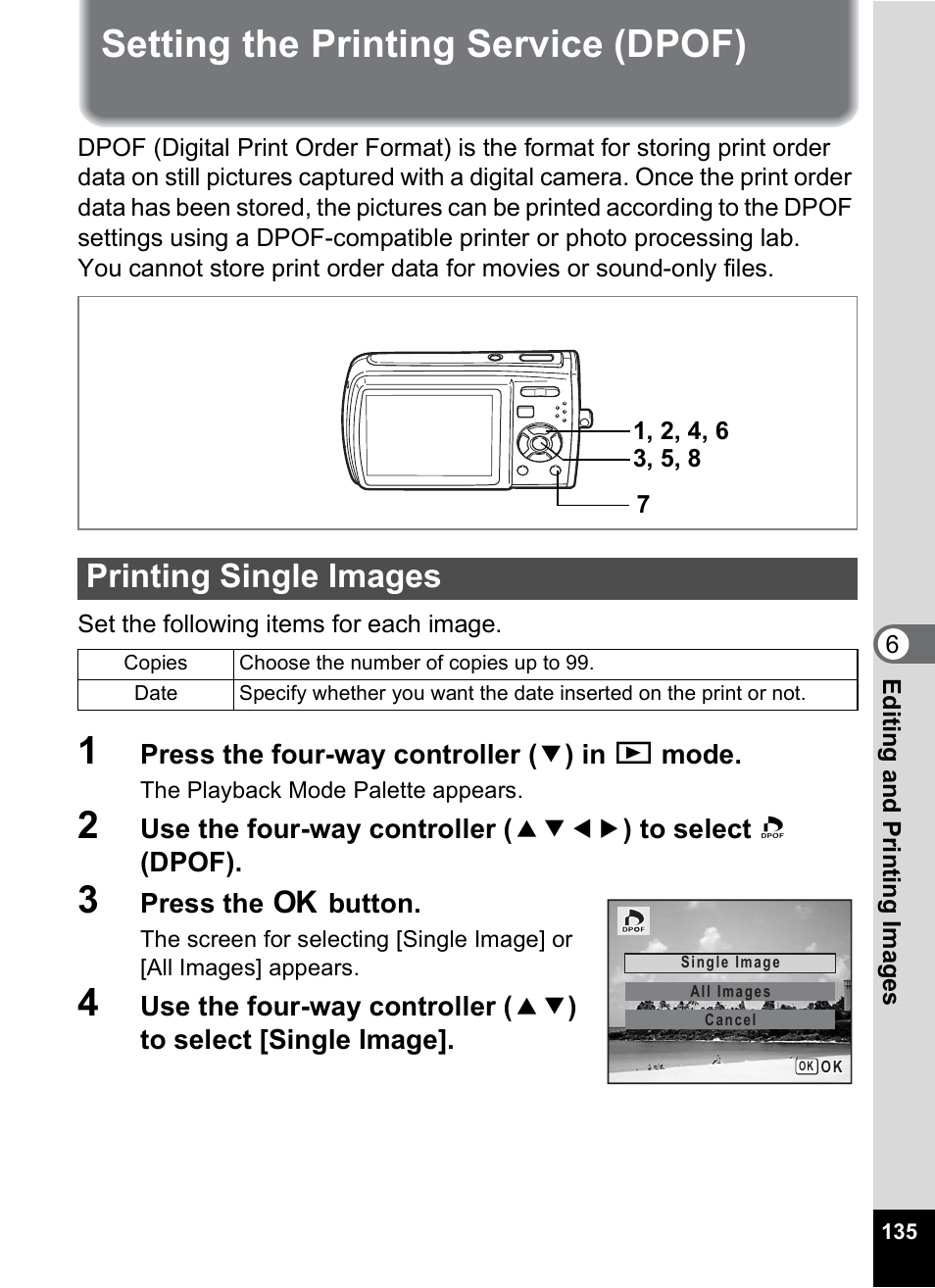 Setting the printing service (dpof), Printing single images, P.135 | Pentax M40 User Manual | Page 137 / 192