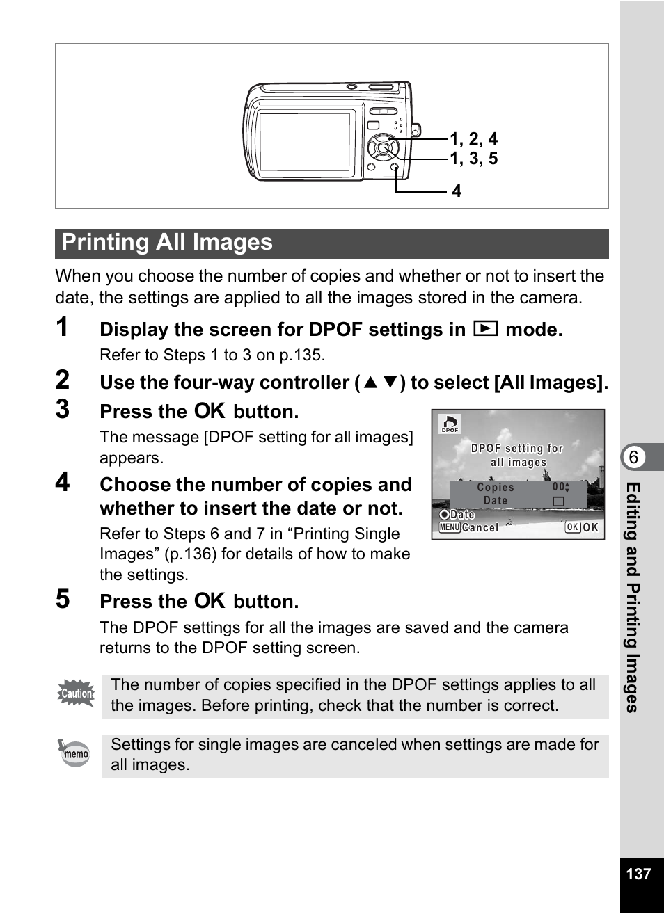 Printing all images, Display the screen for dpof settings in q mode, Press the 4 button | Pentax M40 User Manual | Page 139 / 192