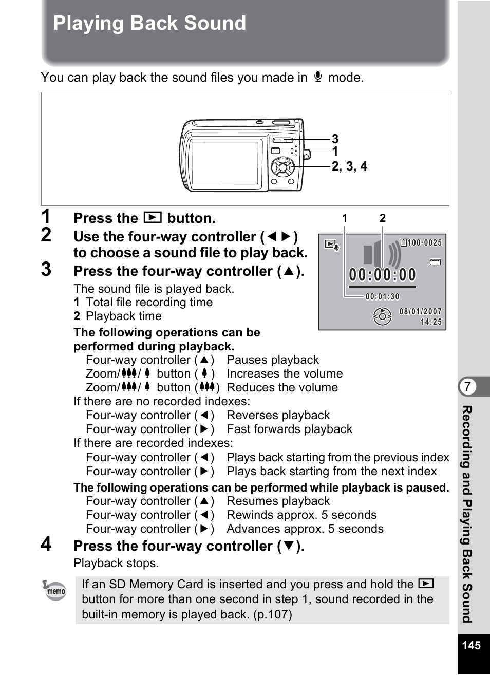 Playing back sound, P.145, P.145) | Pentax M40 User Manual | Page 147 / 192