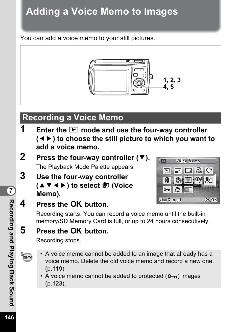 Adding a voice memo to images, Recording a voice memo, P.146 | Pentax M40 User Manual | Page 148 / 192