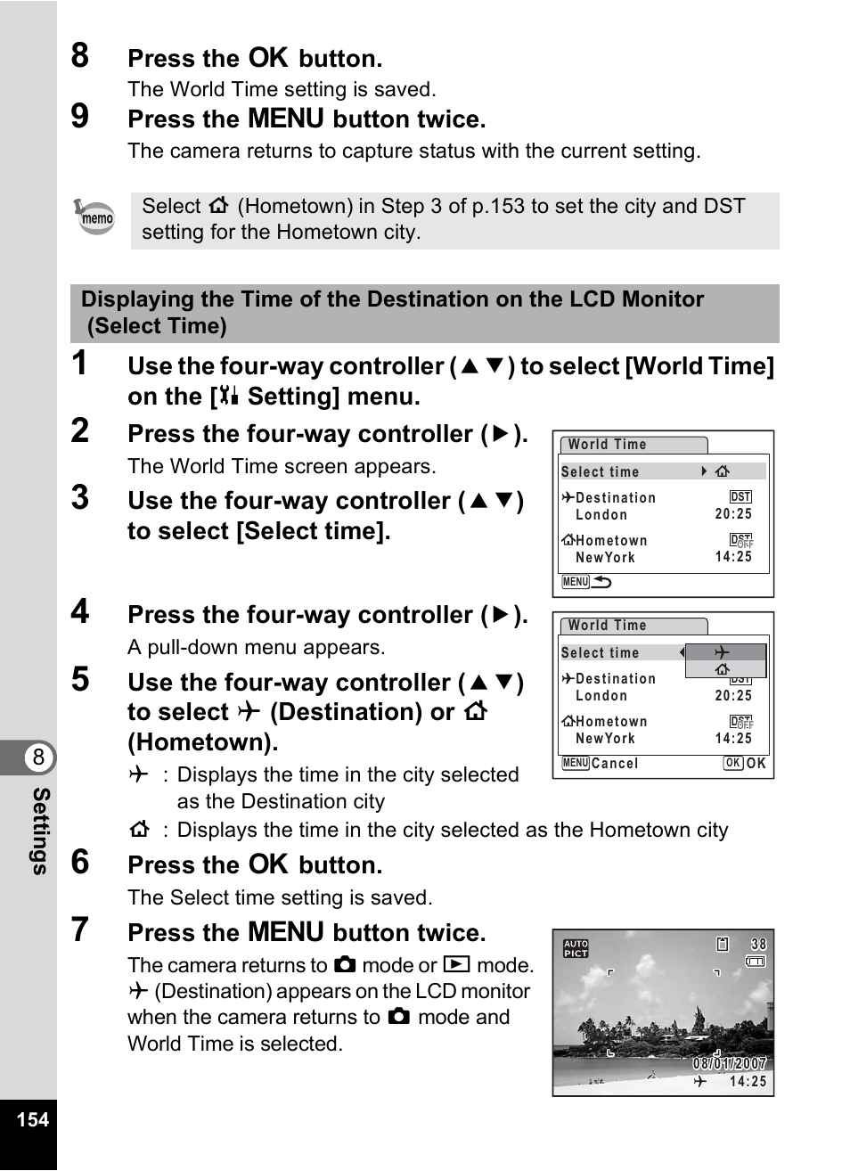 Press the 4 button, Press the 3 button twice, Press the four-way controller ( 5 ) | 8settin g s | Pentax M40 User Manual | Page 156 / 192