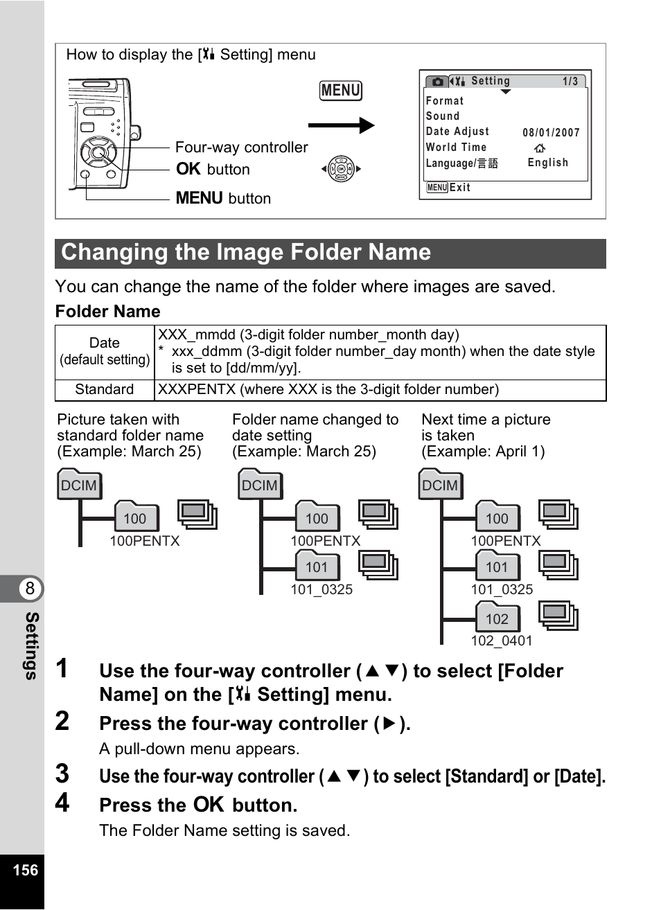 Changing the image folder name, P.156), P.156 | Press the four-way controller ( 5 ), Press the 4 button | Pentax M40 User Manual | Page 158 / 192