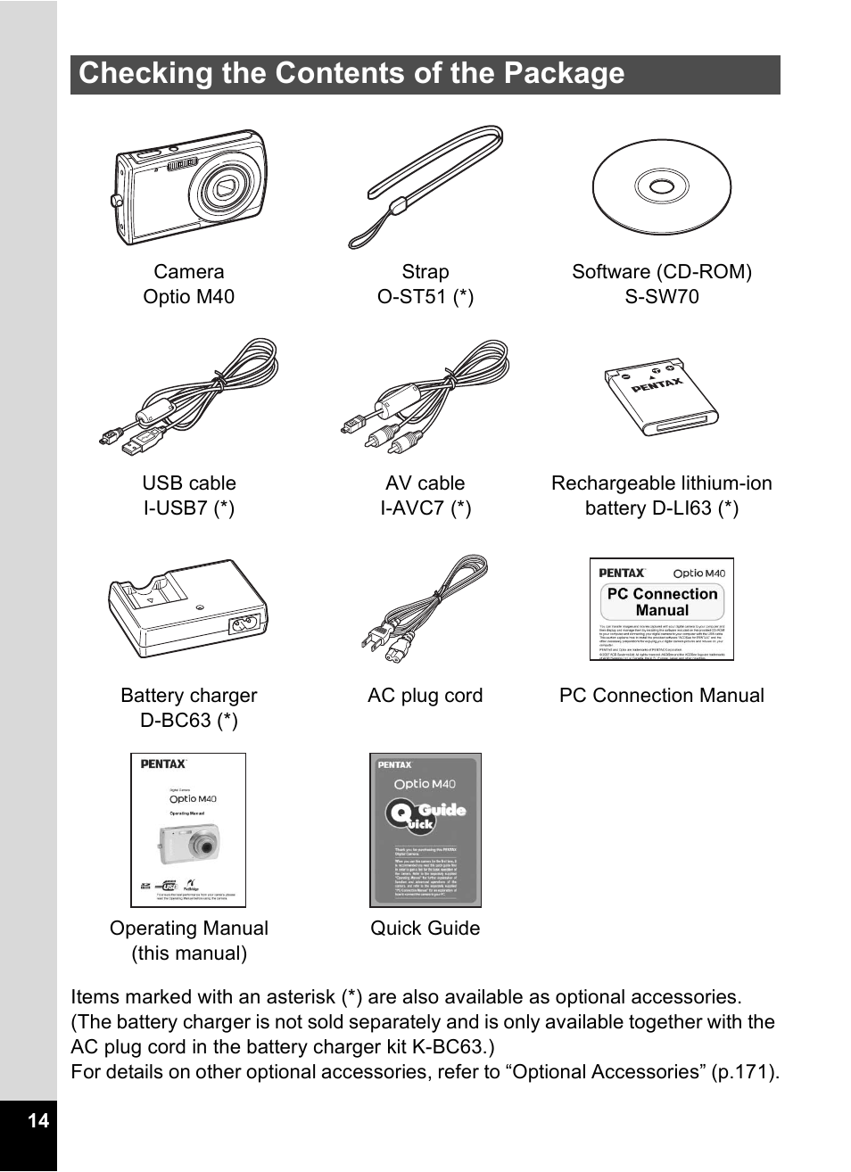 Checking the contents of the package | Pentax M40 User Manual | Page 16 / 192