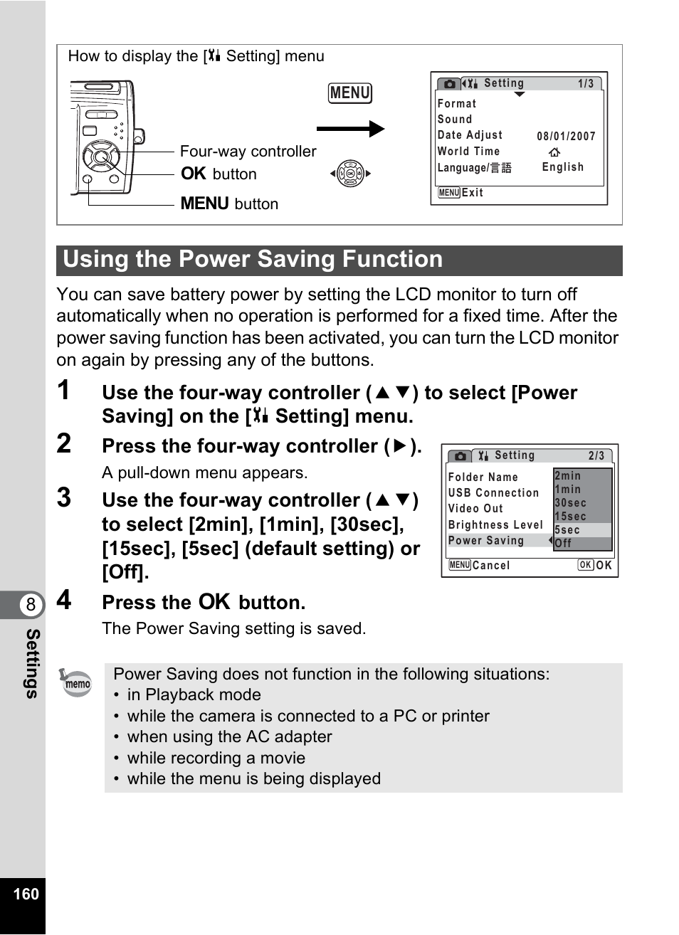 Using the power saving function, P.160, Press the four-way controller ( 5 ) | Press the 4 button | Pentax M40 User Manual | Page 162 / 192