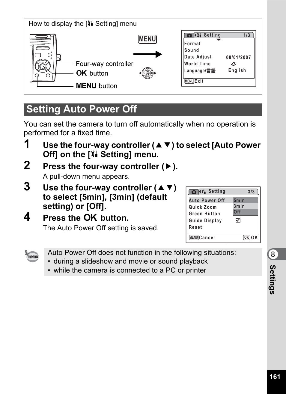 Setting auto power off, P.161, Press the four-way controller ( 5 ) | Press the 4 button | Pentax M40 User Manual | Page 163 / 192