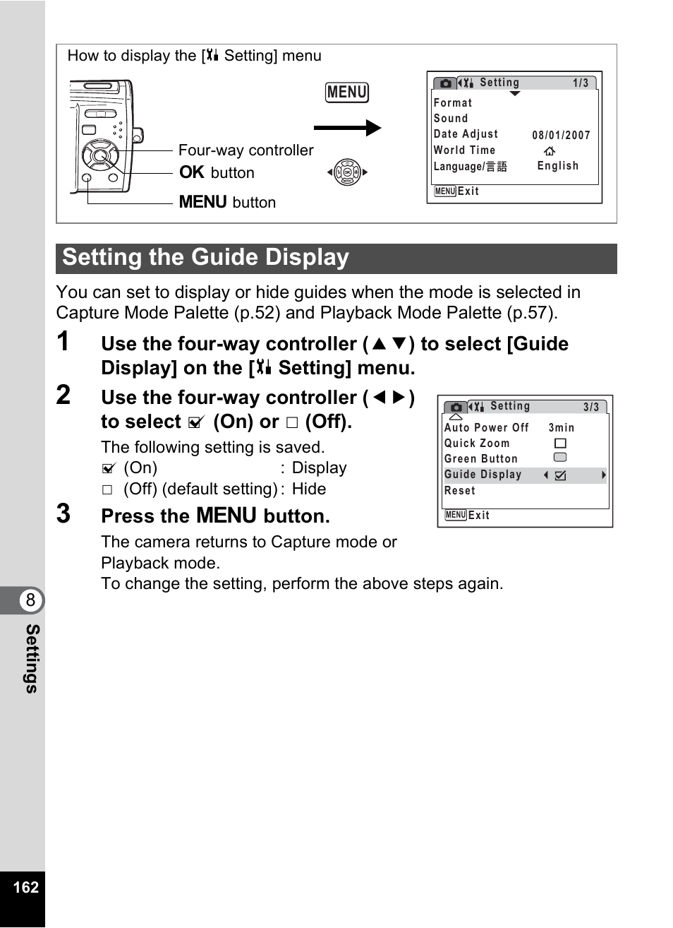 Setting the guide display, P.162, Press the 3 button | Pentax M40 User Manual | Page 164 / 192