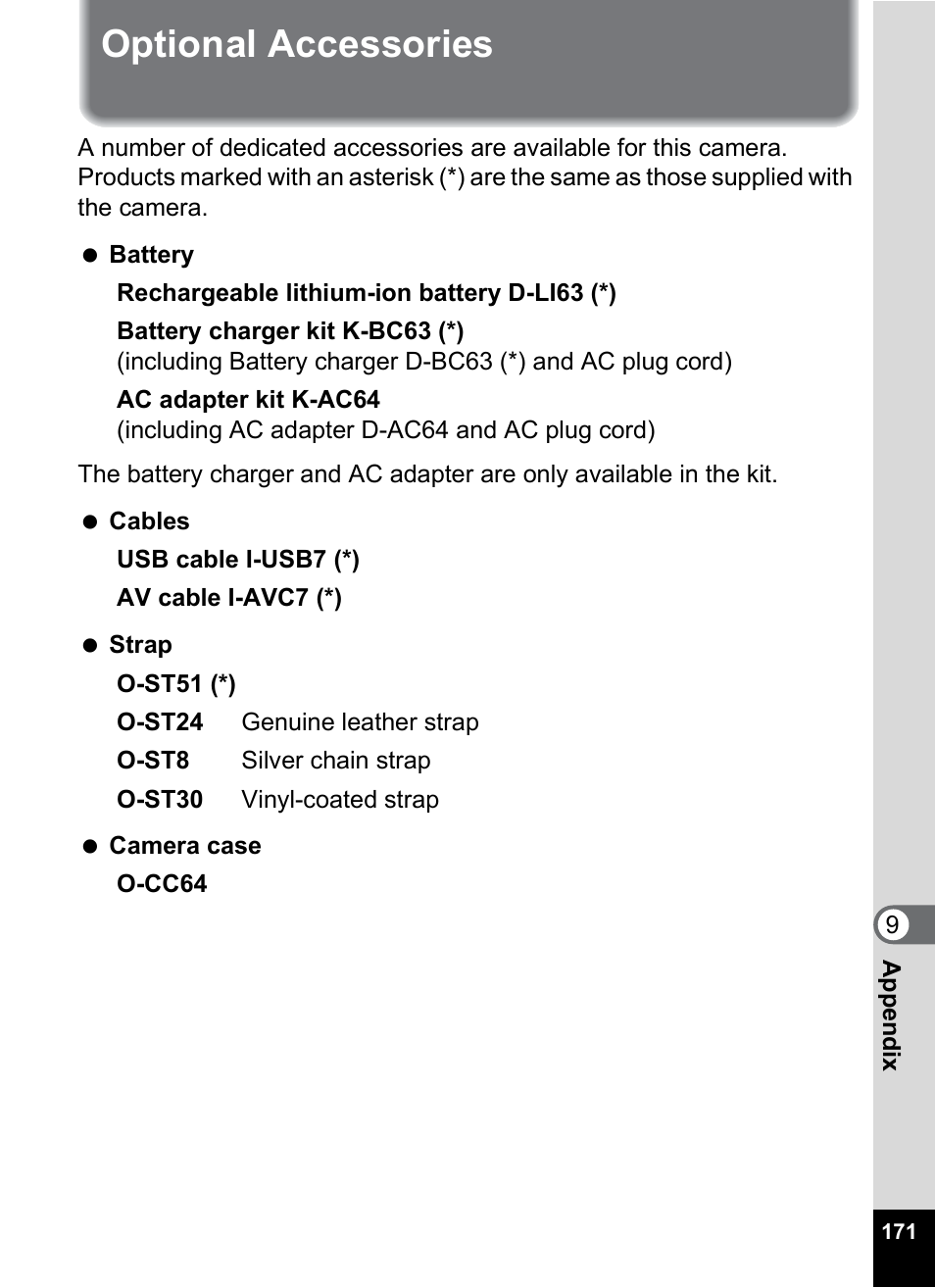 Optional accessories | Pentax M40 User Manual | Page 173 / 192