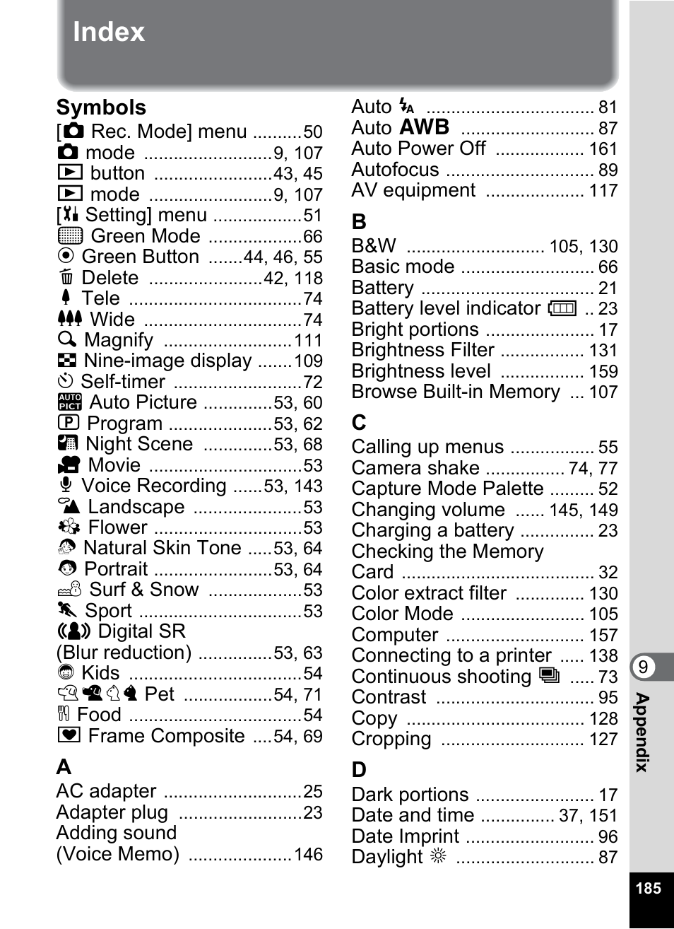 Index, Symbols | Pentax M40 User Manual | Page 187 / 192