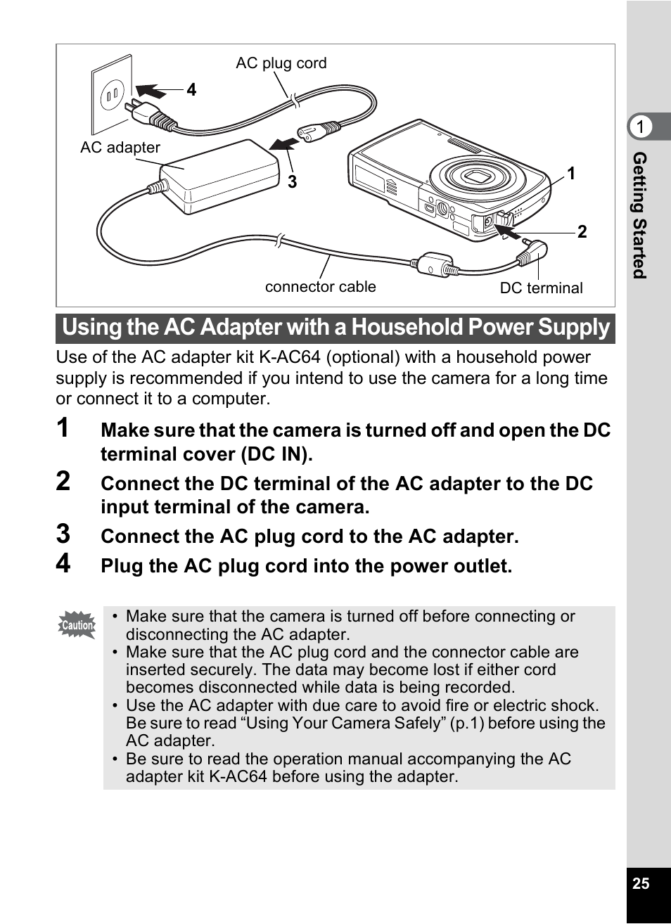 Using the ac adapter with a household power supply | Pentax M40 User Manual | Page 27 / 192