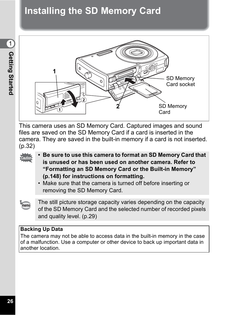 Installing the sd memory card | Pentax M40 User Manual | Page 28 / 192