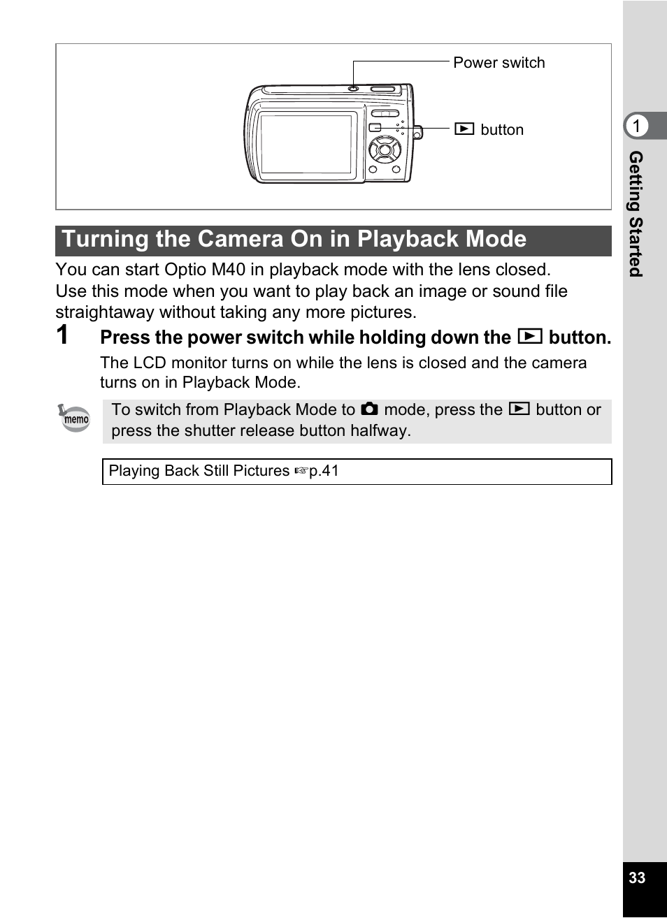 Turning the camera on in playback mode | Pentax M40 User Manual | Page 35 / 192