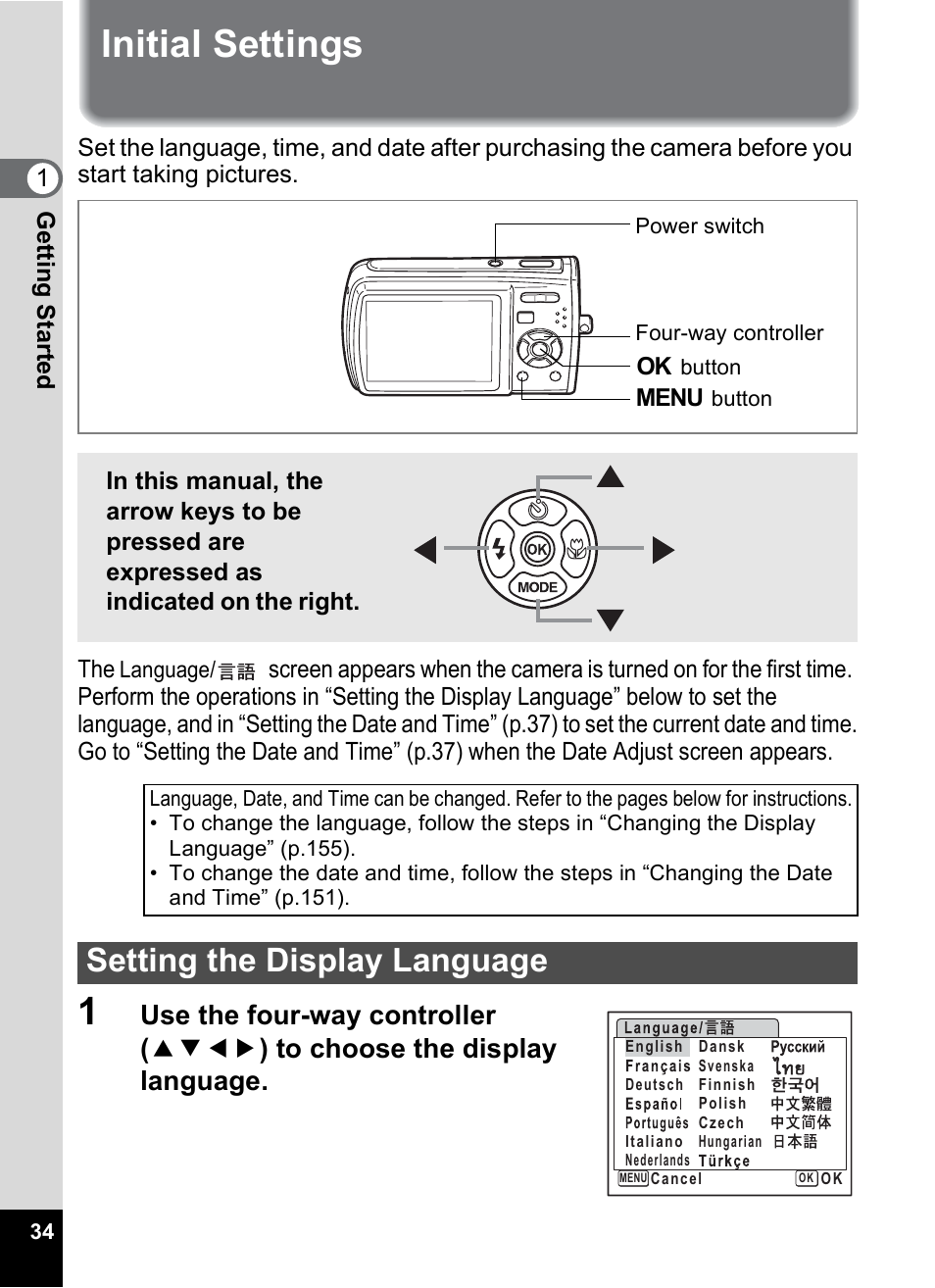 Initial settings, Setting the display language | Pentax M40 User Manual | Page 36 / 192