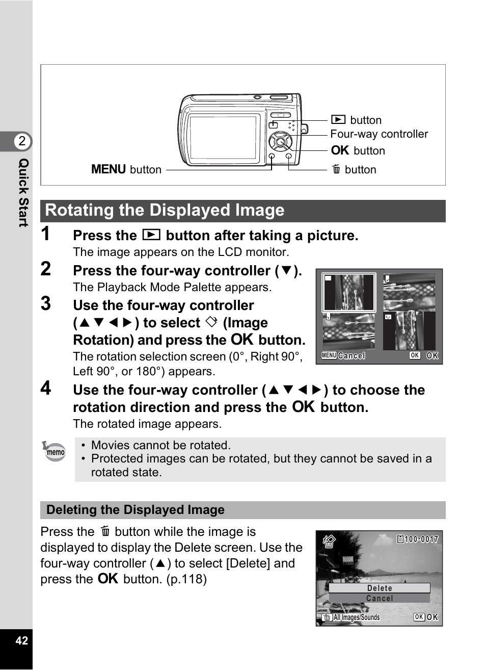 Rotating the displayed image, Press the q button after taking a picture, Press the four-way controller ( 3 ) | Pentax M40 User Manual | Page 44 / 192